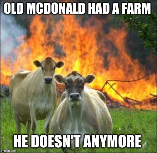 Evil Cows | OLD MCDONALD HAD A FARM; HE DOESN'T ANYMORE | image tagged in memes,evil cows | made w/ Imgflip meme maker