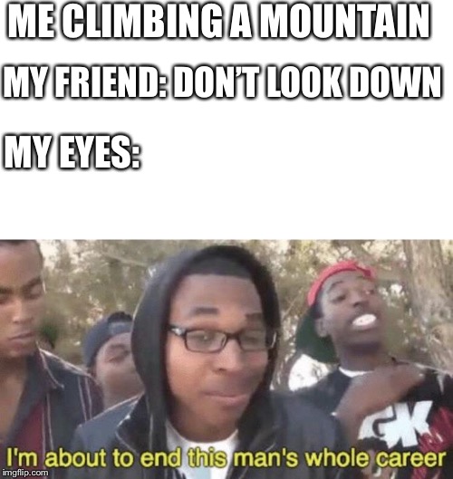 Don’t look down, don’t loo- dang it | ME CLIMBING A MOUNTAIN; MY FRIEND: DON’T LOOK DOWN; MY EYES: | image tagged in im about to end this mans whole career,memes,mountain | made w/ Imgflip meme maker