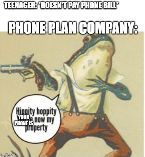 Relatable? I Think Not- | TEENAGER: *DOESN'T PAY PHONE BILL*; PHONE PLAN COMPANY:; YOUR PHONE IS | image tagged in hippity hoppity you're now my property | made w/ Imgflip meme maker