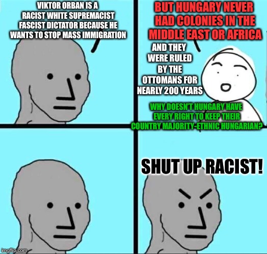 NPC Meme | BUT HUNGARY NEVER HAD COLONIES IN THE MIDDLE EAST OR AFRICA; VIKTOR ORBAN IS A RACIST WHITE SUPREMACIST FASCIST DICTATOR BECAUSE HE WANTS TO STOP MASS IMMIGRATION; AND THEY WERE RULED BY THE OTTOMANS FOR NEARLY 200 YEARS; WHY DOESN’T HUNGARY HAVE EVERY RIGHT TO KEEP THEIR COUNTRY MAJORITY-ETHNIC HUNGARIAN? SHUT UP RACIST! | image tagged in npc meme,hungary,immigration,liberal,leftists | made w/ Imgflip meme maker