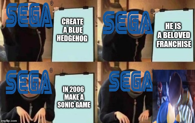 Gru's Plan | CREATE A BLUE HEDGEHOG; HE IS A BELOVED FRANCHISE; IN 2006 MAKE A SONIC GAME | image tagged in gru's plan | made w/ Imgflip meme maker