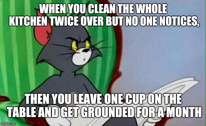 Who else has parents like this. | WHEN YOU CLEAN THE WHOLE KITCHEN TWICE OVER BUT NO ONE NOTICES, THEN YOU LEAVE ONE CUP ON THE TABLE AND GET GROUNDED FOR A MONTH | image tagged in tom and jerry,memes,latest,funny memes,funny | made w/ Imgflip meme maker
