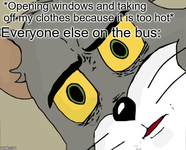 Unsettled Tom Meme | *Opening windows and taking off my clothes because it is too hot*; Everyone else on the bus: | image tagged in memes,unsettled tom | made w/ Imgflip meme maker