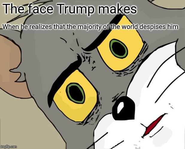Unsettled Tom | The face Trump makes; When he realizes that the majority of the world despises him | image tagged in memes,unsettled tom | made w/ Imgflip meme maker