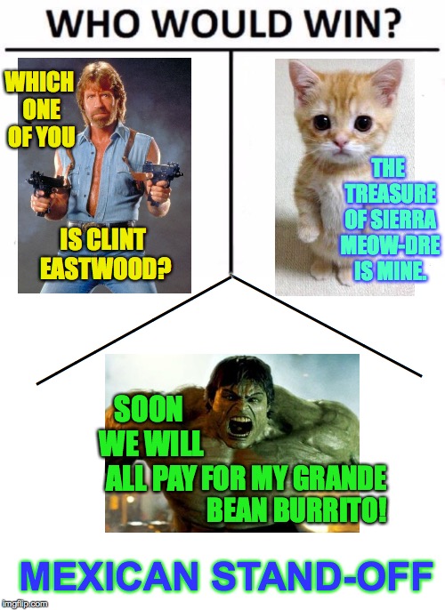 Who Would Win? Mexican Stand-off Version | WHICH ONE OF YOU; THE TREASURE OF SIERRA MEOW-DRE IS MINE. IS CLINT EASTWOOD? __________; __________; SOON WE WILL ALL PAY; FOR MY GRANDE BEAN BURRITO! MEXICAN STAND-OFF | image tagged in memes,who would win,ahah,chuck norris guns,cute cat,hulk | made w/ Imgflip meme maker