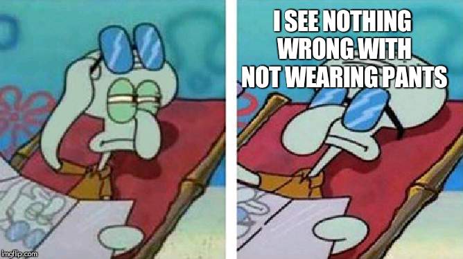 Squidward Don't Care | I SEE NOTHING WRONG WITH NOT WEARING PANTS | image tagged in squidward don't care | made w/ Imgflip meme maker