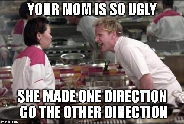 Angry Chef Gordon Ramsay Meme | YOUR MOM IS SO UGLY; SHE MADE ONE DIRECTION GO THE OTHER DIRECTION | image tagged in memes,angry chef gordon ramsay | made w/ Imgflip meme maker