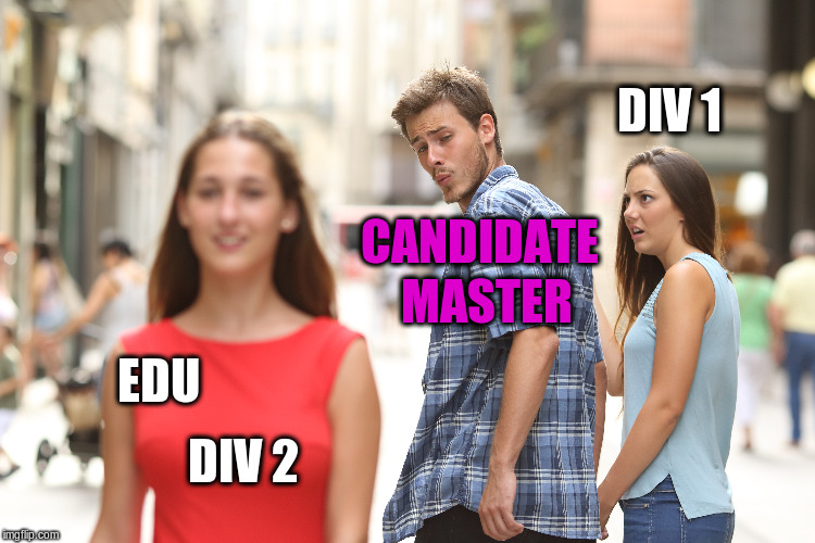 DIV 1; CANDIDATE; MASTER; EDU; DIV 2 | made w/ Imgflip meme maker