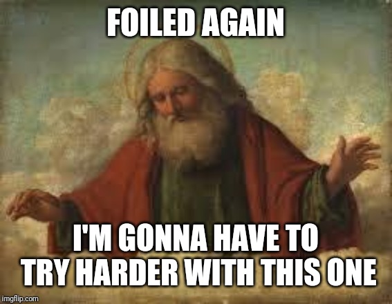 god | FOILED AGAIN I'M GONNA HAVE TO TRY HARDER WITH THIS ONE | image tagged in god | made w/ Imgflip meme maker