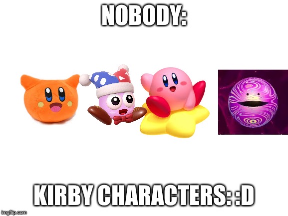 Blank White Template | NOBODY: KIRBY CHARACTERS: :D | image tagged in blank white template | made w/ Imgflip meme maker