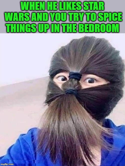 a little chewy | WHEN HE LIKES STAR WARS AND YOU TRY TO SPICE THINGS UP IN THE BEDROOM | image tagged in starwars,hair style | made w/ Imgflip meme maker