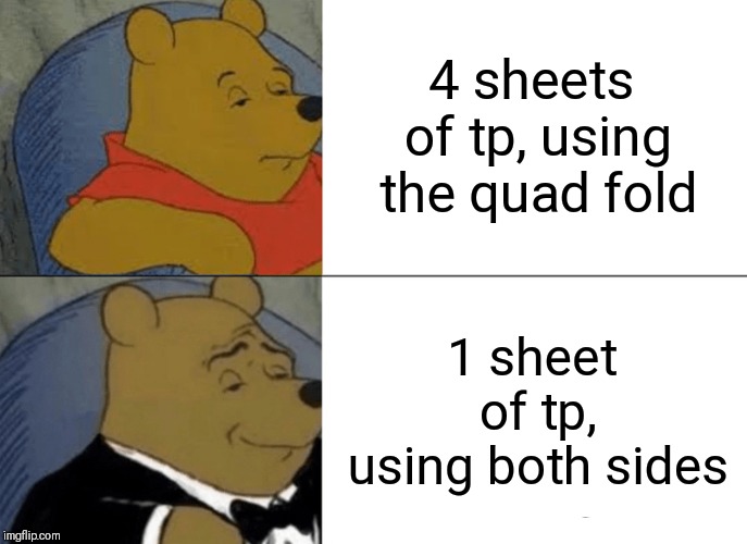 Gotta save the environment | 4 sheets of tp, using the quad fold; 1 sheet of tp, using both sides | image tagged in memes,tuxedo winnie the pooh | made w/ Imgflip meme maker