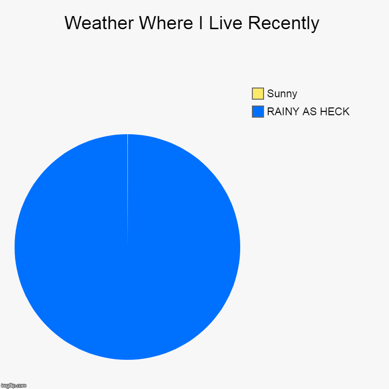 Weather Where I Live Recently | RAINY AS HECK, Sunny | image tagged in charts,pie charts,rain | made w/ Imgflip chart maker