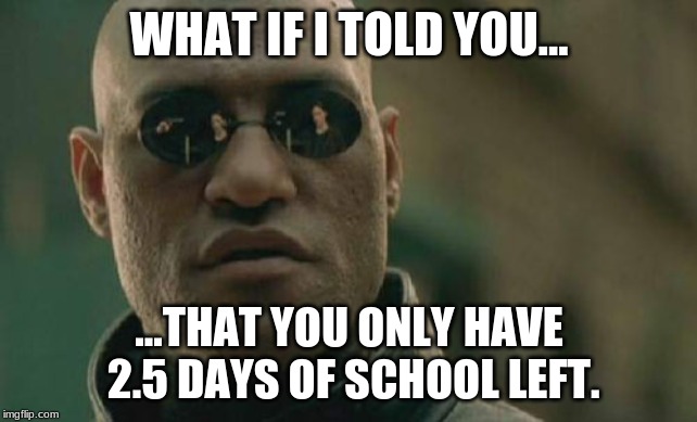Matrix Morpheus Meme | WHAT IF I TOLD YOU... ...THAT YOU ONLY HAVE 2.5 DAYS OF SCHOOL LEFT. | image tagged in memes,matrix morpheus | made w/ Imgflip meme maker