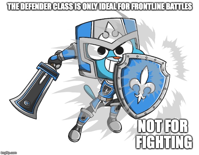 Gumball the Defender | THE DEFENDER CLASS IS ONLY IDEAL FOR FRONTLINE BATTLES; NOT FOR FIGHTING | image tagged in knight,the amazing world of gumball,gumball watterson,defender,memes | made w/ Imgflip meme maker