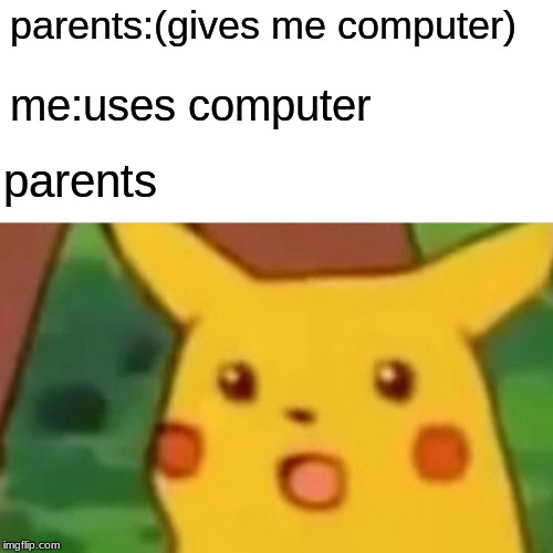 Surprised Pikachu Meme | parents:(gives me computer); me:uses computer; parents | image tagged in memes,surprised pikachu | made w/ Imgflip meme maker