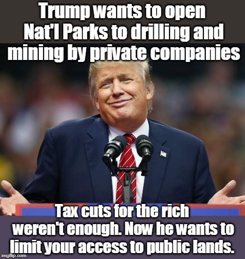 The rich want everything, even parks saved for citizens | Trump wants to open Nat'l Parks to drilling and mining by private companies; Tax cuts for the rich weren't enough. Now he wants to limit your access to public lands. | image tagged in gop sucks america dry,gop wants your healthcare too,trump only cares about your vote,gop protests the wealthy elites,trump doesn | made w/ Imgflip meme maker