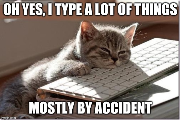 Bored Keyboard Cat | OH YES, I TYPE A LOT OF THINGS MOSTLY BY ACCIDENT | image tagged in bored keyboard cat | made w/ Imgflip meme maker