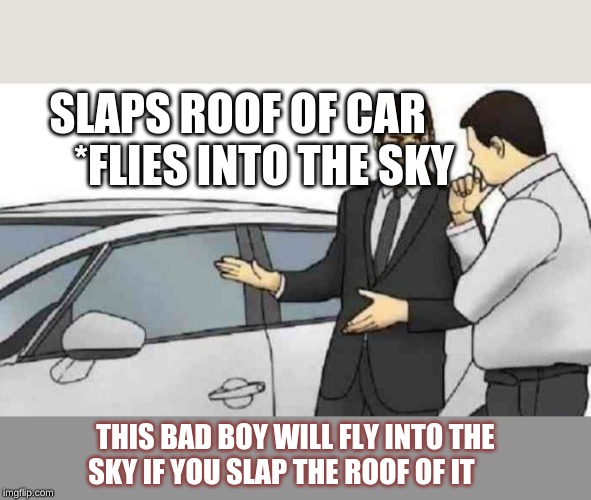 Car Salesman Slaps Roof Of Car | SLAPS ROOF OF CAR       *FLIES INTO THE SKY; THIS BAD BOY WILL FLY INTO THE SKY IF YOU SLAP THE ROOF OF IT | image tagged in memes,car salesman slaps roof of car | made w/ Imgflip meme maker