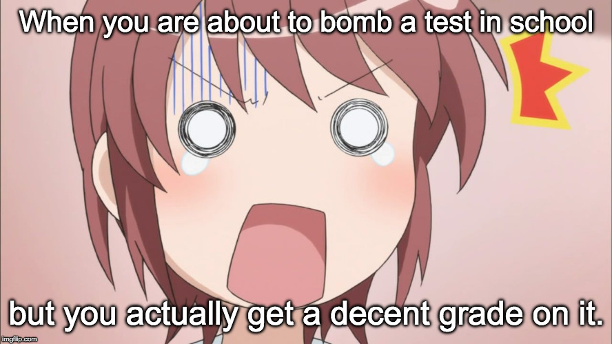 Expectation vs. Reality With Tests | When you are about to bomb a test in school; but you actually get a decent grade on it. | image tagged in anime surprised face,bombing a test,anime,memes,decent grade | made w/ Imgflip meme maker