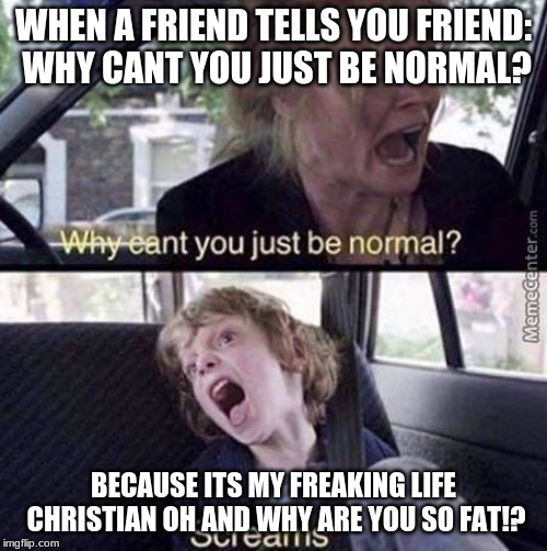 Why Can't You Just Be Normal | WHEN A FRIEND TELLS YOU
FRIEND: WHY CANT YOU JUST BE NORMAL? BECAUSE ITS MY FREAKING LIFE CHRISTIAN OH AND WHY ARE YOU SO FAT!? | image tagged in why can't you just be normal | made w/ Imgflip meme maker
