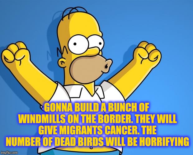 Funniest Thing I've Read Today | GONNA BUILD A BUNCH OF WINDMILLS ON THE BORDER. THEY WILL GIVE MIGRANTS CANCER. THE NUMBER OF DEAD BIRDS WILL BE HORRIFYING | image tagged in woohoo homer simpson,great wall of trump,trump wall,donald trump approves,memes,dumbass | made w/ Imgflip meme maker
