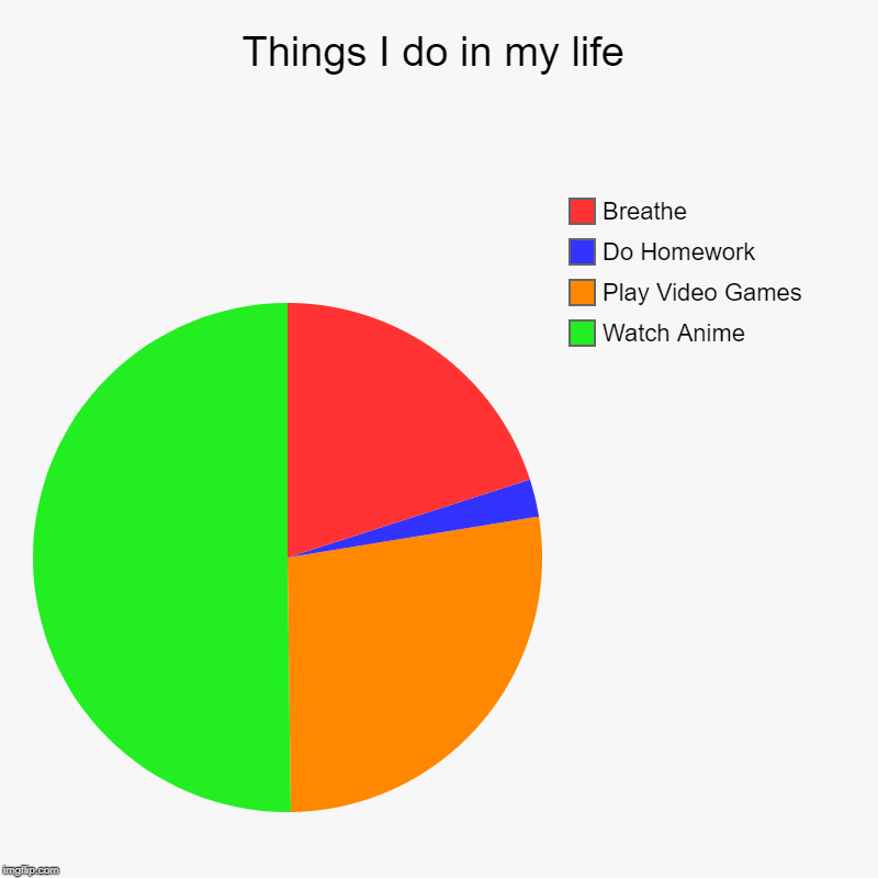 Things I do in my life | Watch Anime, Play Video Games, Do Homework, Breathe | image tagged in charts,pie charts | made w/ Imgflip chart maker
