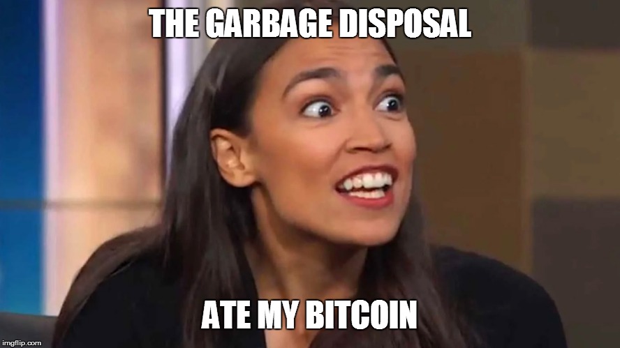 Crazy AOC | THE GARBAGE DISPOSAL; ATE MY BITCOIN | image tagged in crazy aoc | made w/ Imgflip meme maker
