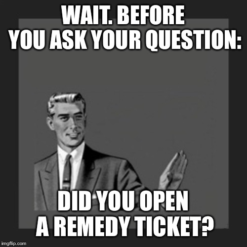 Kill Yourself Guy Meme | WAIT. BEFORE YOU ASK YOUR QUESTION: DID YOU OPEN A REMEDY TICKET? | image tagged in memes,kill yourself guy | made w/ Imgflip meme maker