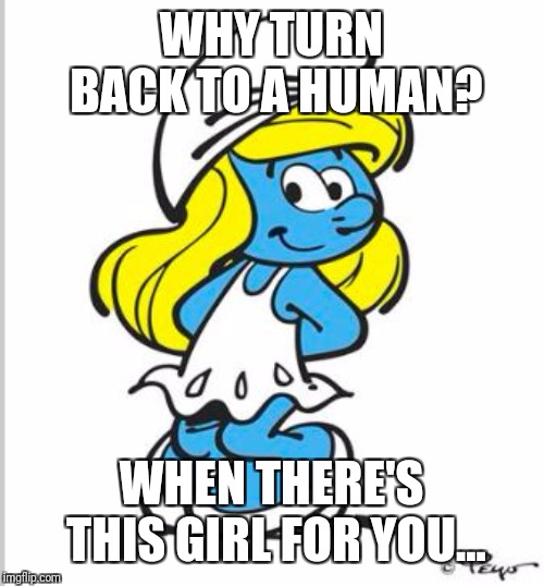 Smurfette Birthday | WHY TURN BACK TO A HUMAN? WHEN THERE'S THIS GIRL FOR YOU... | image tagged in smurfette birthday | made w/ Imgflip meme maker