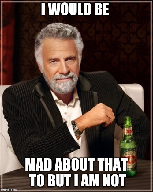 The Most Interesting Man In The World Meme | I WOULD BE MAD ABOUT THAT TO BUT I AM NOT | image tagged in memes,the most interesting man in the world | made w/ Imgflip meme maker