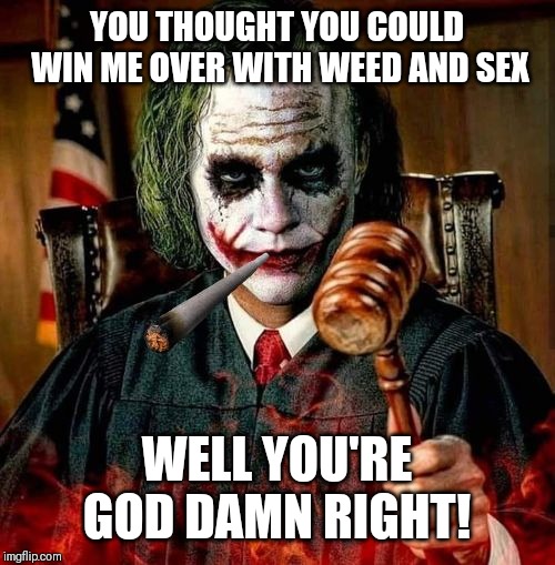 Judge Joker | YOU THOUGHT YOU COULD WIN ME OVER WITH WEED AND SEX; WELL YOU'RE GOD DAMN RIGHT! | image tagged in judge joker | made w/ Imgflip meme maker