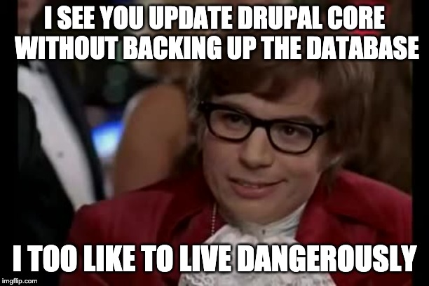 I Too Like to Live Drupal-ously | I SEE YOU UPDATE DRUPAL CORE WITHOUT BACKING UP THE DATABASE; I TOO LIKE TO LIVE DANGEROUSLY | image tagged in memes,i too like to live dangerously,drupal,programming,web | made w/ Imgflip meme maker