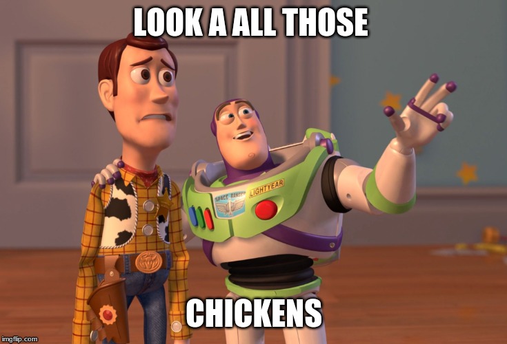 X, X Everywhere Meme | LOOK A ALL THOSE; CHICKENS | image tagged in memes,x x everywhere,chickens,imgflip,yeet | made w/ Imgflip meme maker