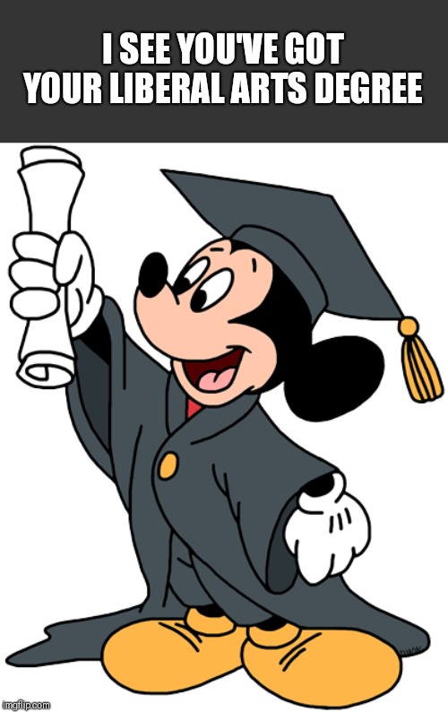 I SEE YOU'VE GOT YOUR LIBERAL ARTS DEGREE | image tagged in funny memes,mickey mouse | made w/ Imgflip meme maker