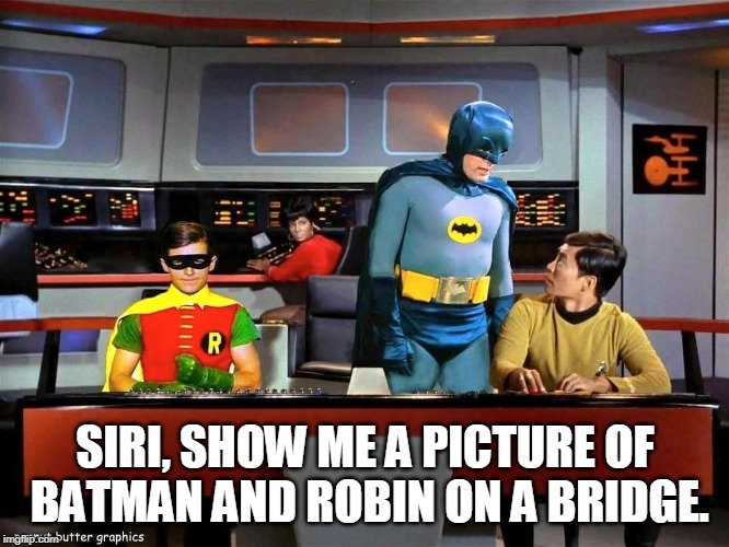 Batman Star Trek  | SIRI, SHOW ME A PICTURE OF BATMAN AND ROBIN ON A BRIDGE. | image tagged in batman star trek | made w/ Imgflip meme maker
