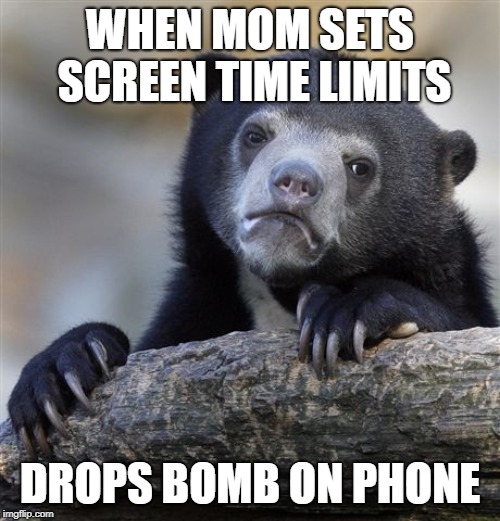 Confession Bear Meme | WHEN MOM SETS SCREEN TIME LIMITS; DROPS BOMB ON PHONE | image tagged in memes,confession bear | made w/ Imgflip meme maker