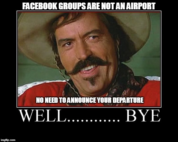 Well...bye | FACEBOOK GROUPS ARE NOT AN AIRPORT; NO NEED TO ANNOUNCE YOUR DEPARTURE | image tagged in wellbye | made w/ Imgflip meme maker