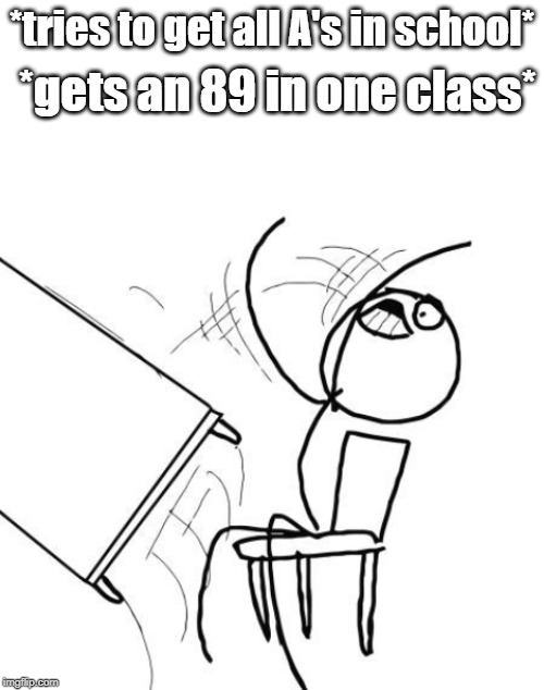 so close :/ | *tries to get all A's in school*; *gets an 89 in one class* | image tagged in memes,table flip guy,school | made w/ Imgflip meme maker