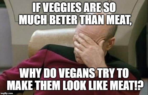 Captain Picard Facepalm Meme | IF VEGGIES ARE SO MUCH BETER THAN MEAT, WHY DO VEGANS TRY TO MAKE THEM LOOK LIKE MEAT!? | image tagged in memes,captain picard facepalm | made w/ Imgflip meme maker