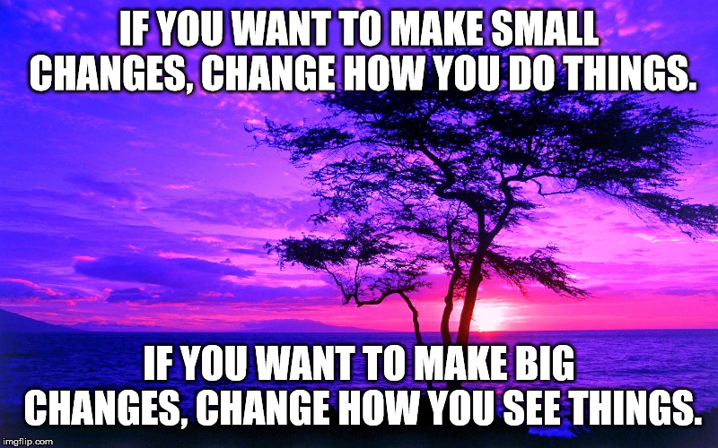 Purple sunset tree | IF YOU WANT TO MAKE SMALL CHANGES, CHANGE HOW YOU DO THINGS. IF YOU WANT TO MAKE BIG CHANGES, CHANGE HOW YOU SEE THINGS. | image tagged in purple sunset tree | made w/ Imgflip meme maker