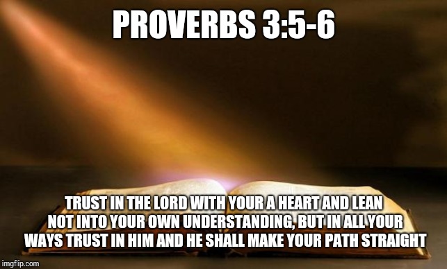 Bible  | PROVERBS 3:5-6; TRUST IN THE LORD WITH YOUR A HEART AND LEAN NOT INTO YOUR OWN UNDERSTANDING, BUT IN ALL YOUR WAYS TRUST IN HIM AND HE SHALL MAKE YOUR PATH STRAIGHT | image tagged in bible | made w/ Imgflip meme maker