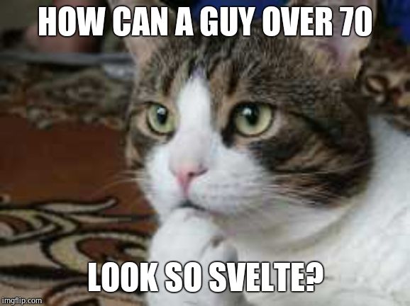 Ponder cat | HOW CAN A GUY OVER 70 LOOK SO SVELTE? | image tagged in ponder cat | made w/ Imgflip meme maker