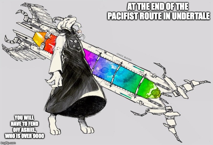 Asriel Final Form | AT THE END OF THE PACIFIST ROUTE IN UNDERTALE; YOU WILL HAVE TO FEND OFF ASRIEL, WHO IS OVER 9000 | image tagged in asriel,undertale,gaming,memes | made w/ Imgflip meme maker