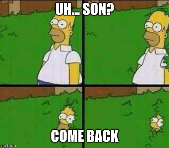 UH... SON? COME BACK | image tagged in homer simpson in bush - large | made w/ Imgflip meme maker