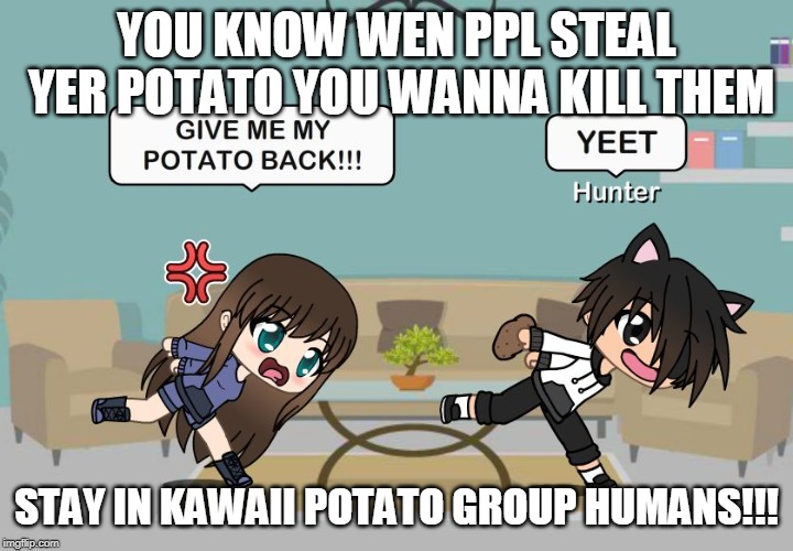 Gacha Meme | YOU KNOW WEN PPL STEAL YER POTATO YOU WANNA KILL THEM; STAY IN KAWAII POTATO GROUP HUMANS!!! | image tagged in gacha meme | made w/ Imgflip meme maker