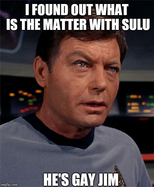 Bones McCoy | I FOUND OUT WHAT IS THE MATTER WITH SULU; HE'S GAY JIM | image tagged in bones mccoy | made w/ Imgflip meme maker