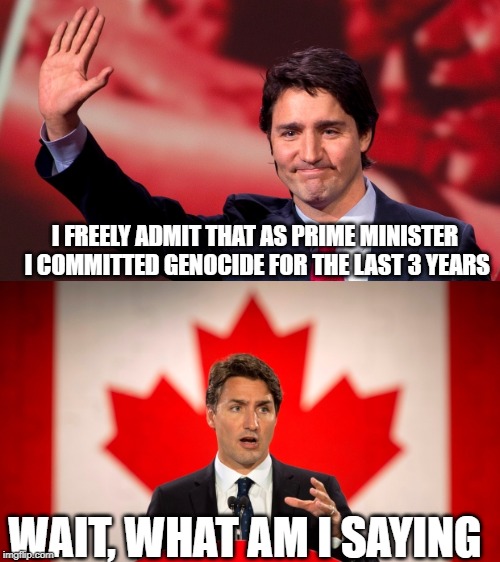 When do we lock him up? | I FREELY ADMIT THAT AS PRIME MINISTER I COMMITTED GENOCIDE FOR THE LAST 3 YEARS; WAIT, WHAT AM I SAYING | image tagged in justin trudeau,trudeau,stupid liberals,special kind of stupid,liberal logic,meanwhile in canada | made w/ Imgflip meme maker