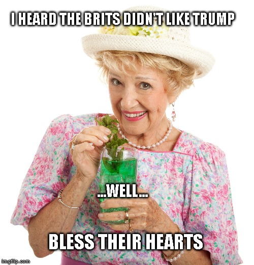 southern granny GFY | I HEARD THE BRITS DIDN'T LIKE TRUMP; ...WELL... BLESS THEIR HEARTS | image tagged in gfy,southern,granny | made w/ Imgflip meme maker
