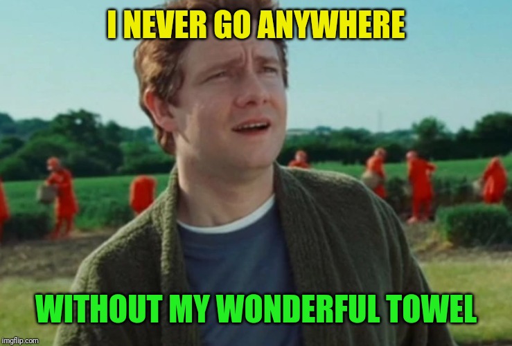 Arthur Dent | I NEVER GO ANYWHERE WITHOUT MY WONDERFUL TOWEL | image tagged in arthur dent | made w/ Imgflip meme maker